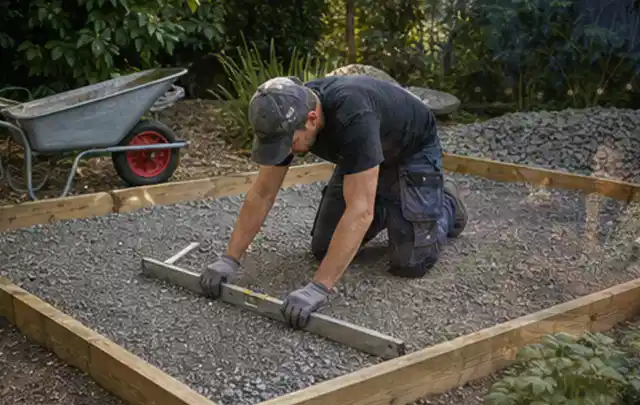 Person richtet eine verdichtete Kiesfläche mit Wasserwaage und Abziehlatte aus; Thema Gartenhaus Fundament, Schwerpunkt Pflege; Ausgangslage.