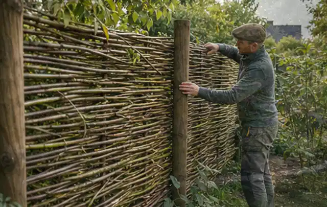 Person befestigt geflochtene Weidenruten an stabilen Holzpfosten im Garten; Thema Gartenhaus Fundament, Schwerpunkt Pflege; Kontrolle.