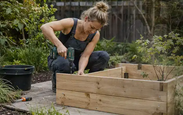 Person montiert ein massives Hochbeet aus unbehandeltem Holz im Garten; Thema Gartenhaus Fundament, Schwerpunkt Pflege; Praxisalltag.