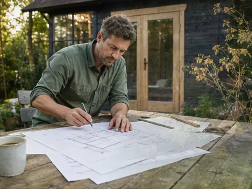 Person prüft Bauzeichnungen an einem Gartentisch vor einem kleinen Gartenhaus; Thema Gartenhaus Fundament, Schwerpunkt Planung; Titelbild.