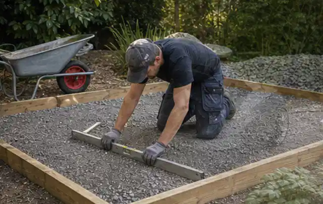 Person richtet eine verdichtete Kiesfläche mit Wasserwaage und Abziehlatte aus; Thema Gartenhaus Fundament, Schwerpunkt Planung; Umsetzung.