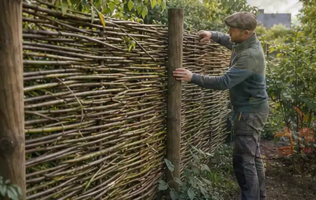 Person befestigt geflochtene Weidenruten an stabilen Holzpfosten im Garten; Thema Gartenhaus Fundament, Schwerpunkt Planung; Ergebnis.