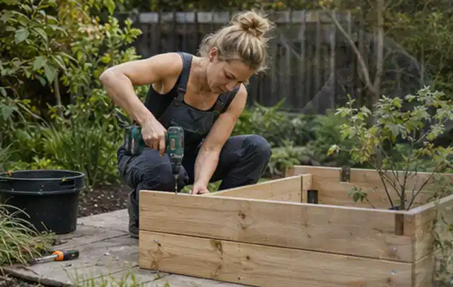 Person montiert ein massives Hochbeet aus unbehandeltem Holz im Garten; Thema Gartenhaus Fundament, Schwerpunkt Standort; Umsetzung.