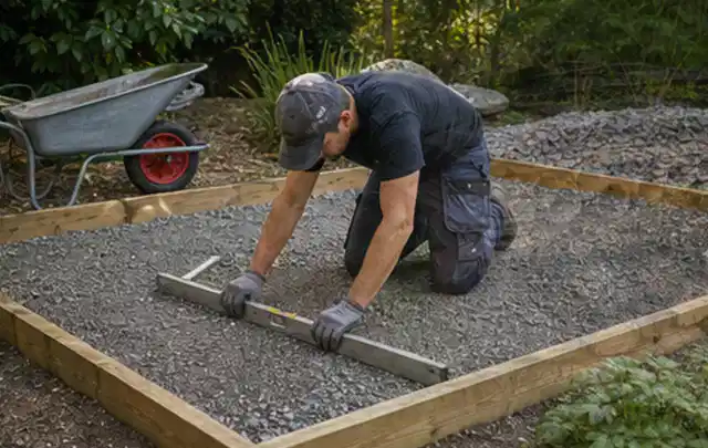 Person richtet eine verdichtete Kiesfläche mit Wasserwaage und Abziehlatte aus; Thema Gartenhaus Fundament, Schwerpunkt Standort; Kontrolle.