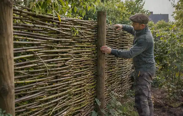 Person befestigt geflochtene Weidenruten an stabilen Holzpfosten im Garten; Thema Gartenhaus Fundament, Schwerpunkt Standort; Ergebnis.