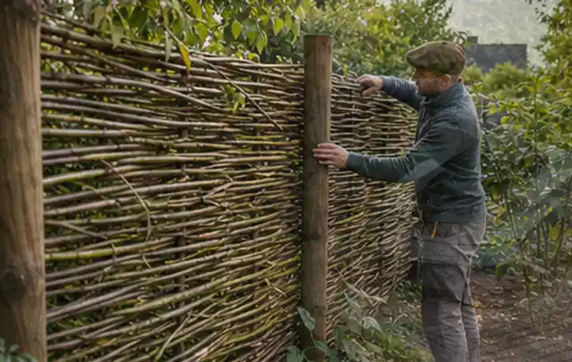 Person befestigt geflochtene Weidenruten an stabilen Holzpfosten im Garten; Thema Gartenhaus Fundament, Schwerpunkt Winterschutz; Ausgangslage.