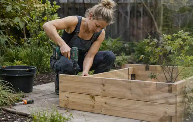 Person montiert ein massives Hochbeet aus unbehandeltem Holz im Garten; Thema Gartenhaus Fundament, Schwerpunkt Winterschutz; Umsetzung.