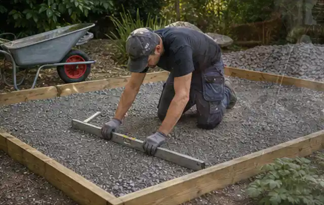 Person richtet eine verdichtete Kiesfläche mit Wasserwaage und Abziehlatte aus; Thema Gartenhaus Fundament, Schwerpunkt Winterschutz; Praxisalltag.