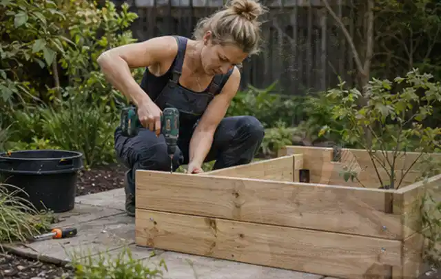 Person montiert ein massives Hochbeet aus unbehandeltem Holz im Garten; Thema Gartenhaus Genehmigung, Schwerpunkt Gartenhäuser; Umsetzung.