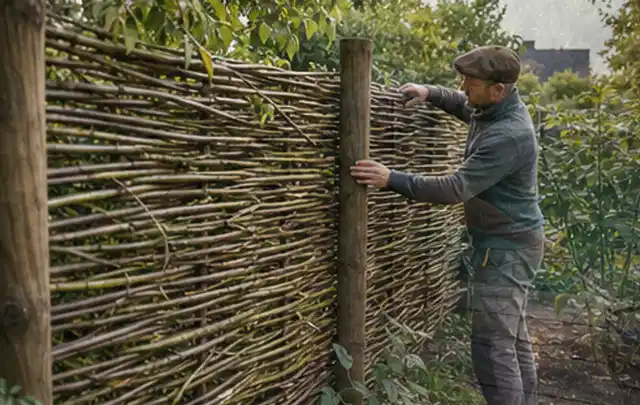 Person befestigt geflochtene Weidenruten an stabilen Holzpfosten im Garten; Thema Gartenhaus Genehmigung, Schwerpunkt Gartenhäuser; Kontrolle.