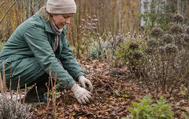 Person verteilt eine schützende Mulchschicht zwischen winterlichen Stauden; Thema Gartenkalender, Schwerpunkt Ratgeber; Kontrolle.