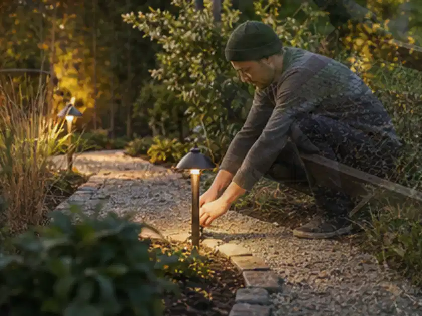 Person richtet eine niedrige warm leuchtende Gartenlampe am Kiesweg aus; Thema Gartenlounges, Schwerpunkt Anwendung; Titelbild.
