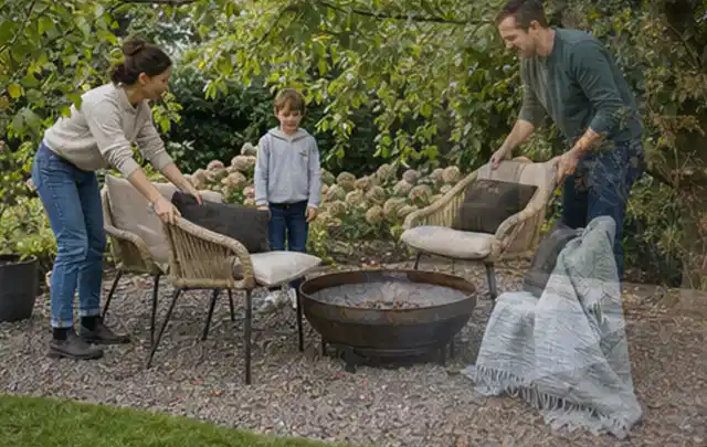 Familie stellt wetterfeste Sessel an einem geschützten Sitzplatz im Garten auf; Thema Gartenlounges, Schwerpunkt Anwendung; Praxisalltag.
