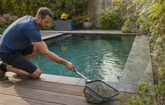 Person entfernt Blätter mit einem Kescher aus einem kleinen Gartenpool; Thema Gartenlounges, Schwerpunkt Bestenliste; Praxisalltag.