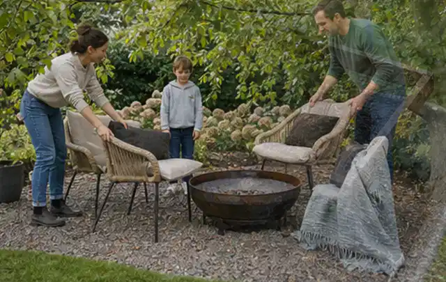 Familie stellt wetterfeste Sessel an einem geschützten Sitzplatz im Garten auf; Thema Gartenlounges, Schwerpunkt Checkliste; Kontrolle.