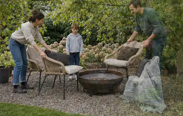 Familie stellt wetterfeste Sessel an einem geschützten Sitzplatz im Garten auf; Thema Gartenlounges, Schwerpunkt Dimensionierung; Umsetzung.