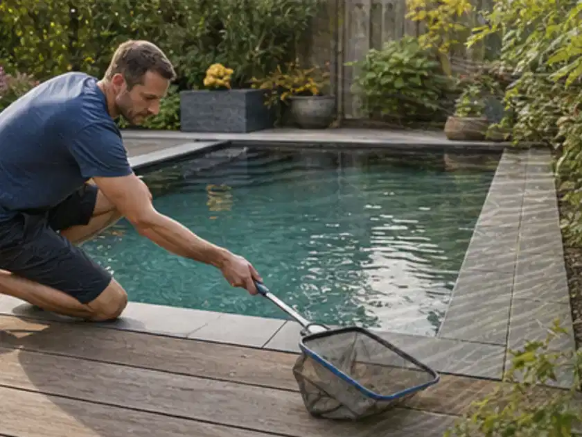 Person entfernt Blätter mit einem Kescher aus einem kleinen Gartenpool; Thema Gartenlounges, Schwerpunkt Ersatzteile; Titelbild.