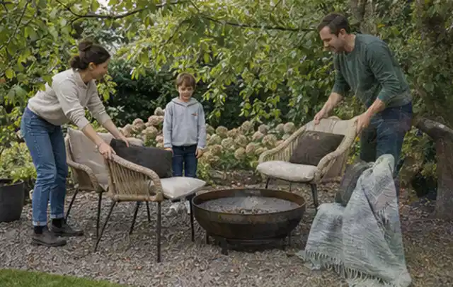Familie stellt wetterfeste Sessel an einem geschützten Sitzplatz im Garten auf; Thema Gartenlounges, Schwerpunkt Ersatzteile; Umsetzung.