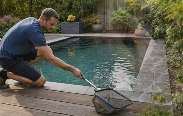 Person entfernt Blätter mit einem Kescher aus einem kleinen Gartenpool; Thema Gartenlounges, Schwerpunkt Fehlerhilfe; Ausgangslage.