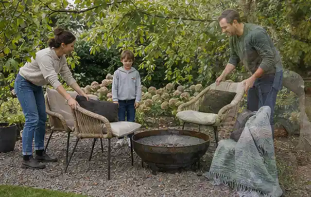 Familie stellt wetterfeste Sessel an einem geschützten Sitzplatz im Garten auf; Thema Gartenlounges, Schwerpunkt Fehlerhilfe; Umsetzung.