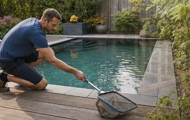Person entfernt Blätter mit einem Kescher aus einem kleinen Gartenpool; Thema Gartenlounges, Schwerpunkt Gärten mit großer Fläche; Umsetzung.