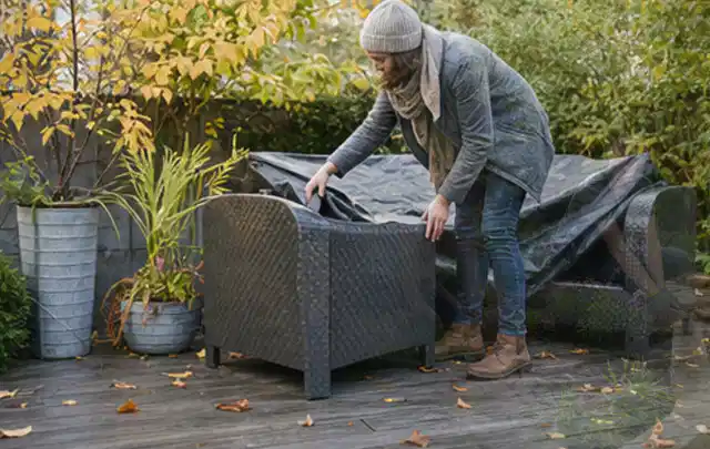 Person deckt Gartenmöbel vor der kalten Jahreszeit sorgfältig ab; Thema Gartenlounges, Schwerpunkt Gärten mit großer Fläche; Kontrolle.