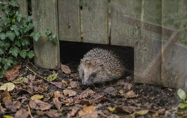 Igel nutzt einen bodennahen Durchgang unter einem hölzernen Gartenzaun; Thema Gartenlounges, Schwerpunkt Gärten mit großer Fläche; Ergebnis.