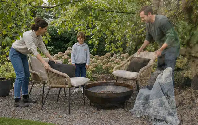 Familie stellt wetterfeste Sessel an einem geschützten Sitzplatz im Garten auf; Thema Gartenlounges, Schwerpunkt Gärten mit großer Fläche; Praxisalltag.