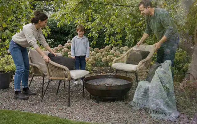 Familie stellt wetterfeste Sessel an einem geschützten Sitzplatz im Garten auf; Thema Gartenlounges, Schwerpunkt Gärten mit kleiner Fläche; Umsetzung.