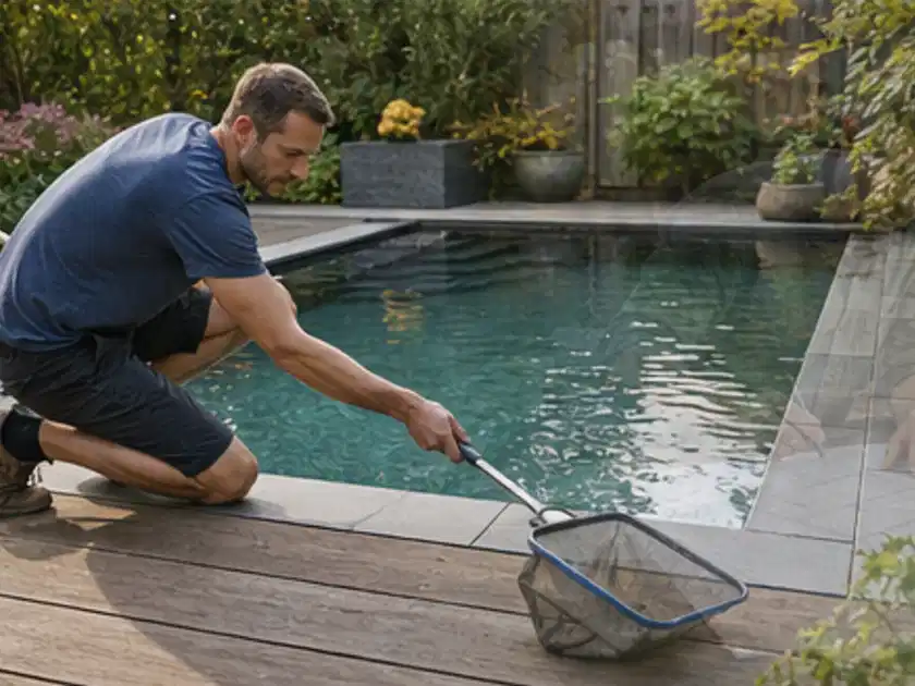 Person entfernt Blätter mit einem Kescher aus einem kleinen Gartenpool; Thema Gartenlounges, Schwerpunkt Kaufberatung; Titelbild.