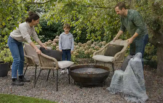 Familie stellt wetterfeste Sessel an einem geschützten Sitzplatz im Garten auf; Thema Gartenlounges, Schwerpunkt Kaufberatung; Ergebnis.
