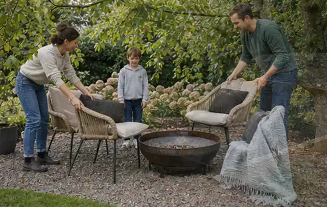 Familie stellt wetterfeste Sessel an einem geschützten Sitzplatz im Garten auf; Thema Gartenlounges, Schwerpunkt Kosten; Kontrolle.