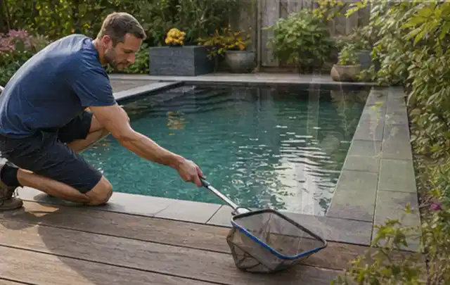 Person entfernt Blätter mit einem Kescher aus einem kleinen Gartenpool; Thema Gartenlounges, Schwerpunkt Nachhaltigkeit; Kontrolle.
