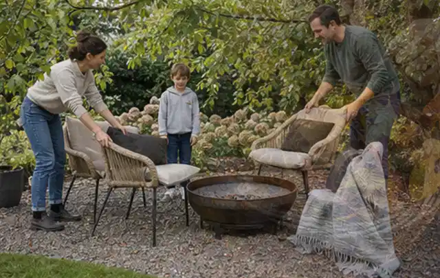 Familie stellt wetterfeste Sessel an einem geschützten Sitzplatz im Garten auf; Thema Gartenlounges, Schwerpunkt Nachhaltigkeit; Ergebnis.