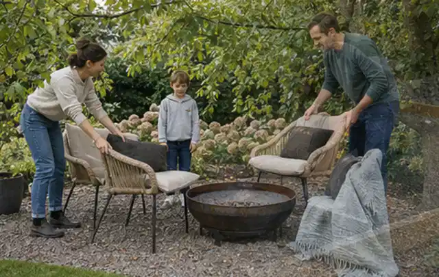 Familie stellt wetterfeste Sessel an einem geschützten Sitzplatz im Garten auf; Thema Gartenlounges, Schwerpunkt Outdoor Freizeit; Ausgangslage.