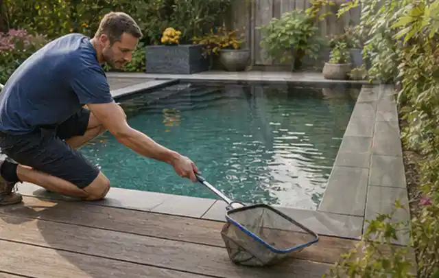 Person entfernt Blätter mit einem Kescher aus einem kleinen Gartenpool; Thema Gartenlounges, Schwerpunkt Outdoor Freizeit; Umsetzung.