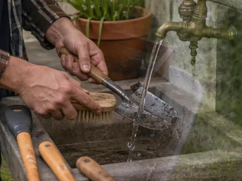 Hände reinigen gebrauchte Gartengeräte mit Bürste und Wasser am Außenbecken; Thema Gartenlounges, Schwerpunkt Reinigung; Titelbild.