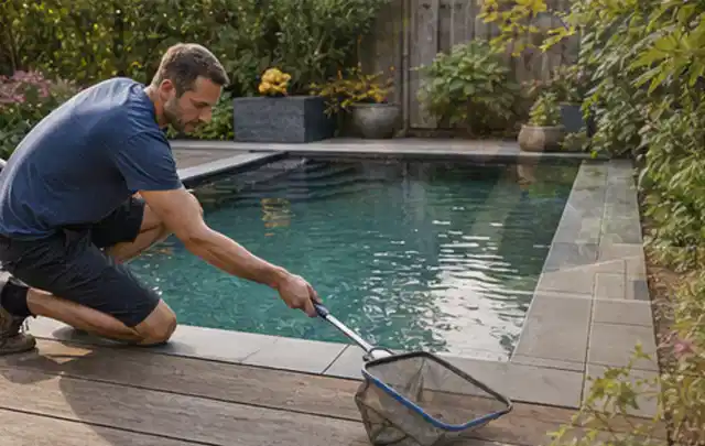 Person entfernt Blätter mit einem Kescher aus einem kleinen Gartenpool; Thema Gartenlounges, Schwerpunkt Reinigung; Ergebnis.