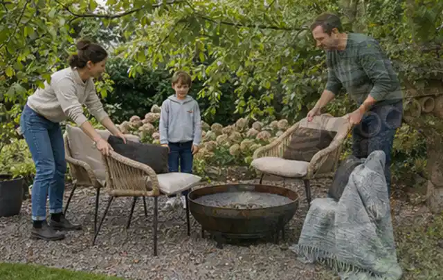 Familie stellt wetterfeste Sessel an einem geschützten Sitzplatz im Garten auf; Thema Gartenlounges, Schwerpunkt Reinigung; Praxisalltag.