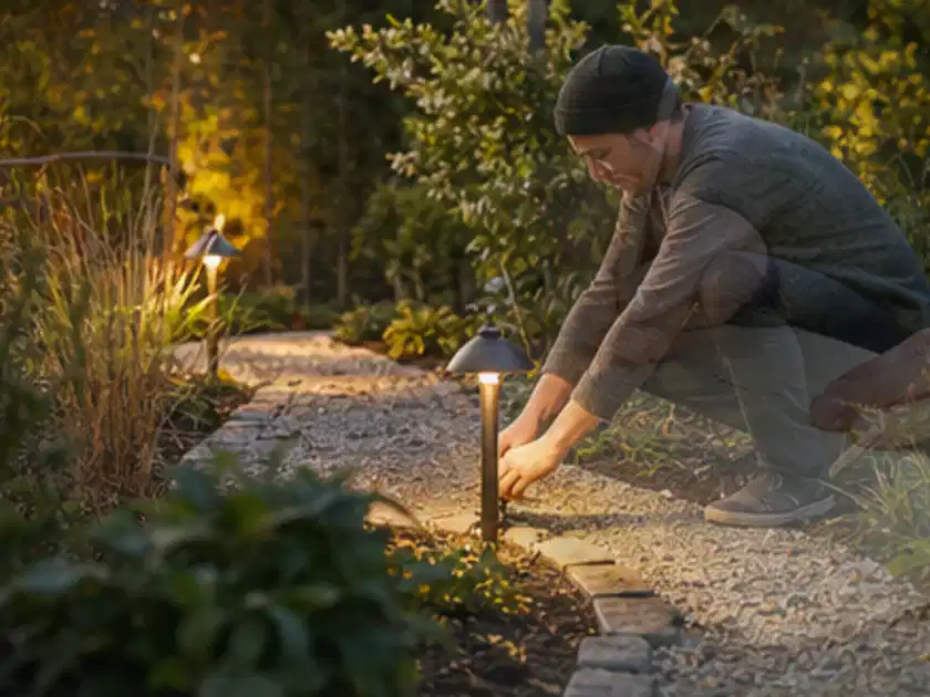 Person richtet eine niedrige warm leuchtende Gartenlampe am Kiesweg aus; Thema Gartenlounges, Schwerpunkt Sicherheit; Titelbild.