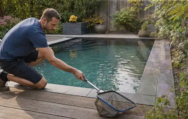 Person entfernt Blätter mit einem Kescher aus einem kleinen Gartenpool; Thema Gartenlounges, Schwerpunkt Sicherheit; Kontrolle.