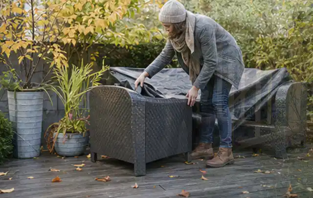 Person deckt Gartenmöbel vor der kalten Jahreszeit sorgfältig ab; Thema Gartenlounges, Schwerpunkt Sicherheit; Praxisalltag.