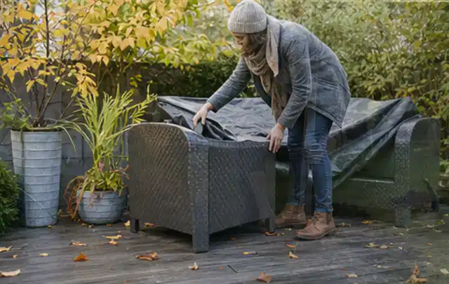 Person deckt Gartenmöbel vor der kalten Jahreszeit sorgfältig ab; Thema Gartenlounges, Schwerpunkt Systemvergleich; Kontrolle.