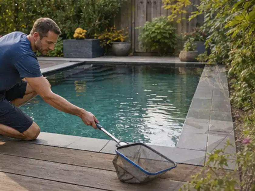 Person entfernt Blätter mit einem Kescher aus einem kleinen Gartenpool; Thema Gartenlounges, Schwerpunkt Testkriterien; Titelbild.