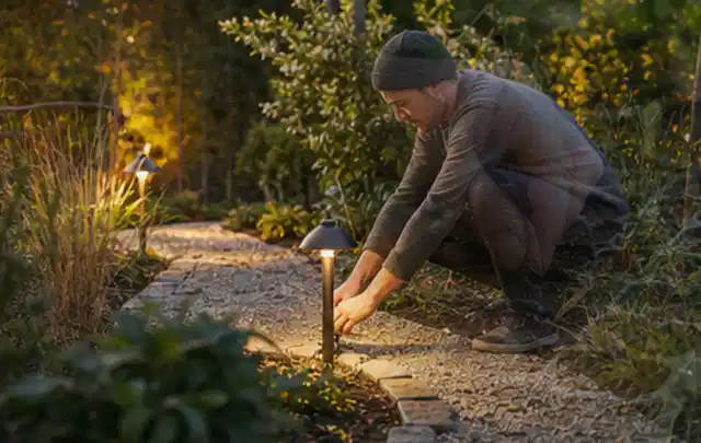 Person richtet eine niedrige warm leuchtende Gartenlampe am Kiesweg aus; Thema Gartenlounges, Schwerpunkt Testkriterien; Umsetzung.