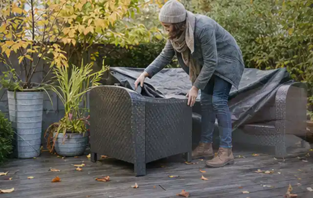 Person deckt Gartenmöbel vor der kalten Jahreszeit sorgfältig ab; Thema Gartenlounges, Schwerpunkt Vergleich; Ausgangslage.