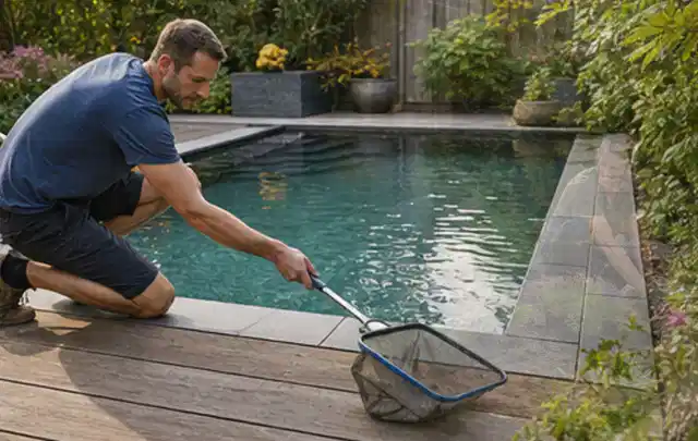 Person entfernt Blätter mit einem Kescher aus einem kleinen Gartenpool; Thema Gartenlounges, Schwerpunkt Vergleich; Umsetzung.