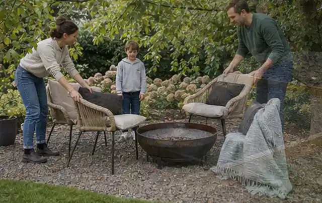 Familie stellt wetterfeste Sessel an einem geschützten Sitzplatz im Garten auf; Thema Gartenlounges, Schwerpunkt Vergleich; Praxisalltag.
