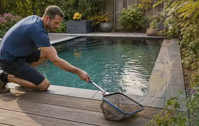 Person entfernt Blätter mit einem Kescher aus einem kleinen Gartenpool; Thema Gartenlounges, Schwerpunkt Wartung; Umsetzung.