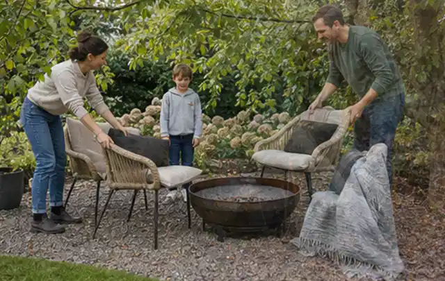 Familie stellt wetterfeste Sessel an einem geschützten Sitzplatz im Garten auf; Thema Gartenmöbel, Schwerpunkt Outdoor Freizeit; Kontrolle.